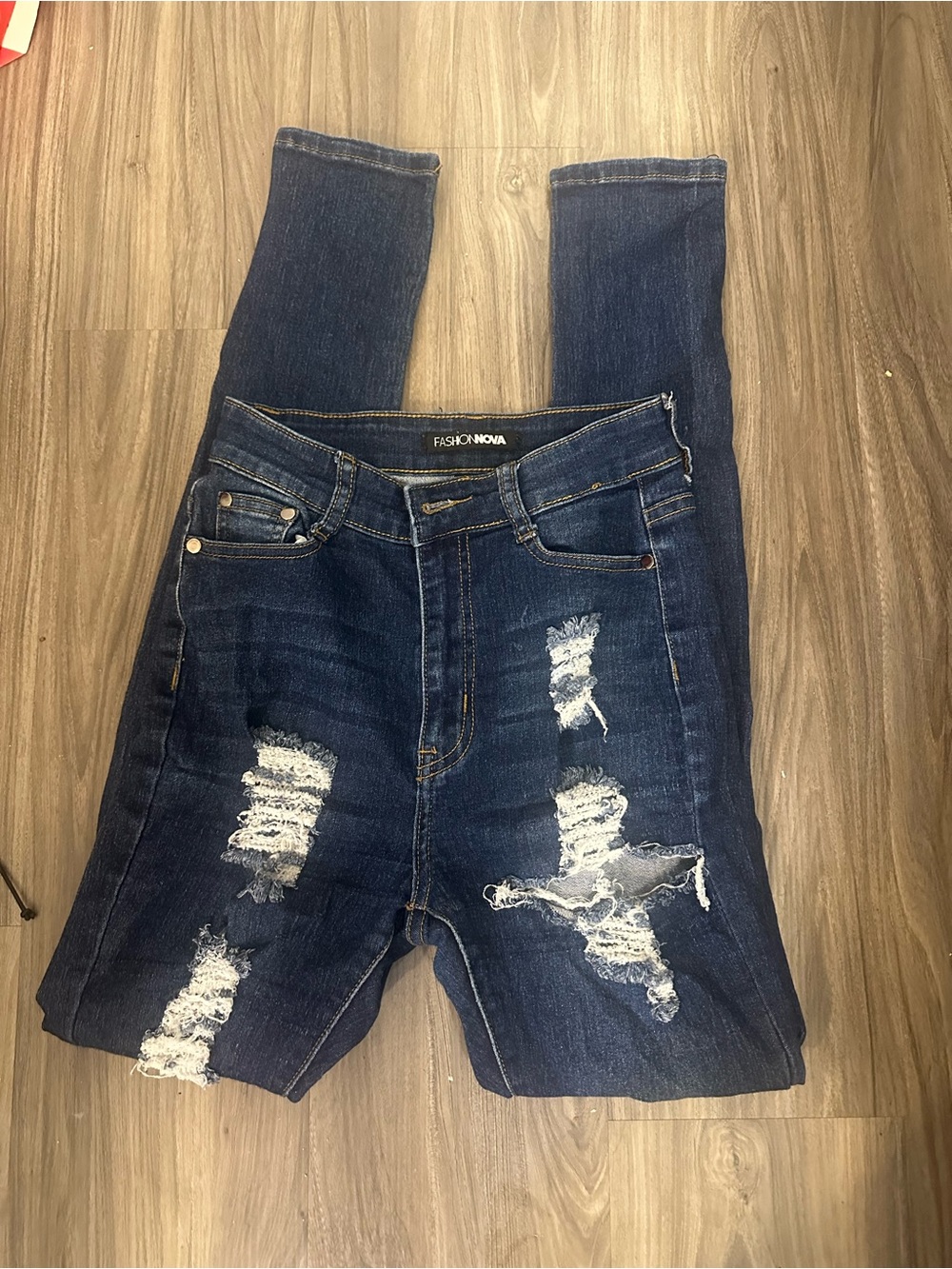 Fashion Nova Women's Dark Blue Distressed Skinny Jeans